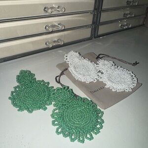 Green and White Beaded Earrings Set